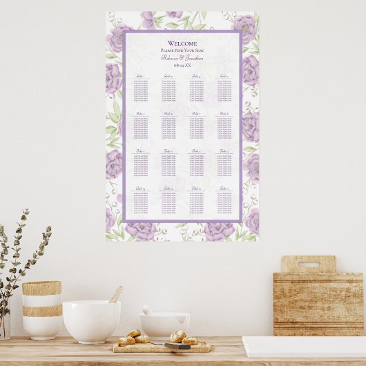Lavender Purple Rose Wedding Seating Chart ポスター (キッチン)