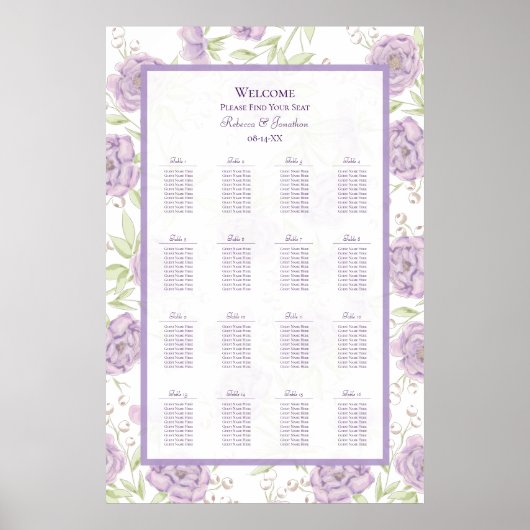 Lavender Purple Rose Wedding Seating Chart ポスター (正面)