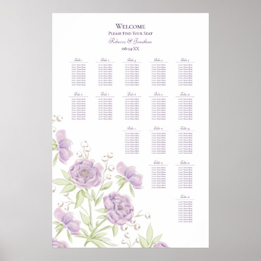 Lavender Purple Rose Wedding Seating Chart ポスター (正面)