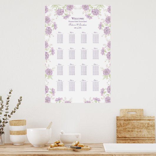 Lavender Purple Rose Wedding Seating Chart ポスター (キッチン)