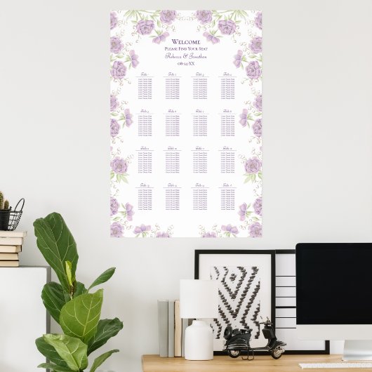 Lavender Purple Rose Wedding Seating Chart ポスター (ホームオフィス)