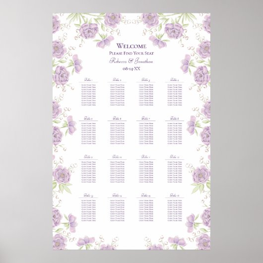 Lavender Purple Rose Wedding Seating Chart ポスター (正面)