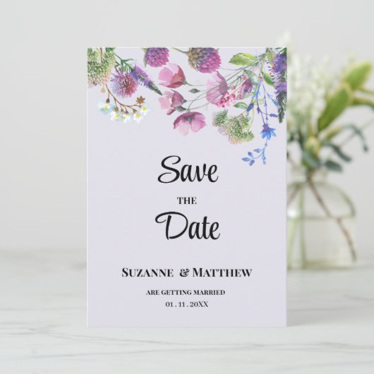 Lavender purple wildflower spring Save the Date 招待状 (スタンド正面)