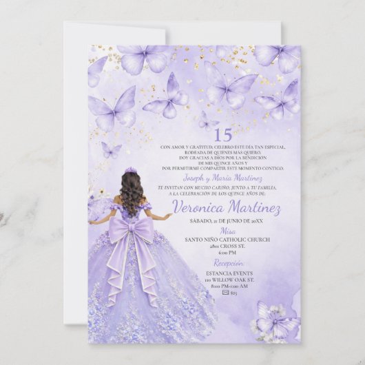 Lavender Quinceañera Invitation with Butterflies 招待状 (正面)