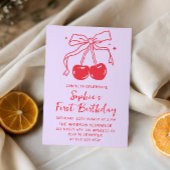 Lavender & Red Bow Cherry Fruit 1st Birthday Party 招待状