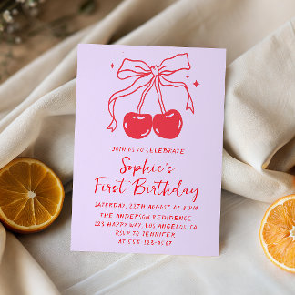 Lavender & Red Bow Cherry Fruit 1st Birthday Party 招待状