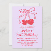 Lavender & Red Bow Cherry Fruit 1st Birthday Party 招待状 (正面)