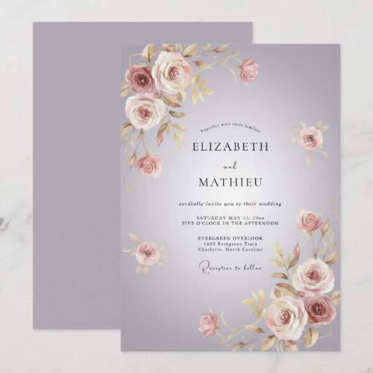 Lavender Romantic Floral Flourish Wedding 招待状 (正面/裏面)