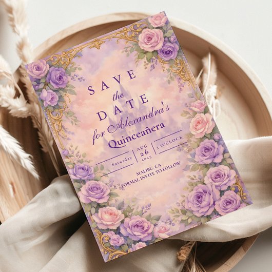 Lavender Rose Gold Garden Quinceañera セーブザデート