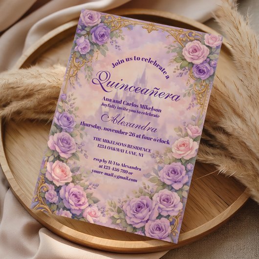 Lavender Rose Gold Garden Quinceañera 招待状