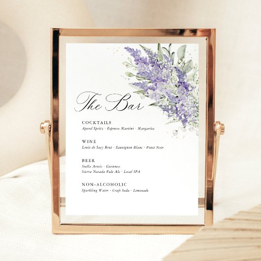 Lavender & Sage Green Floral Wedding Bar Menu 台座サイン