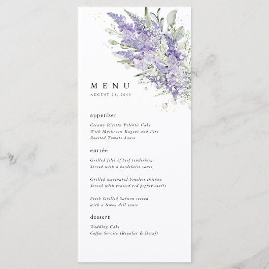 Lavender & Sage Green Floral Wedding Dinner メニュー (正面)