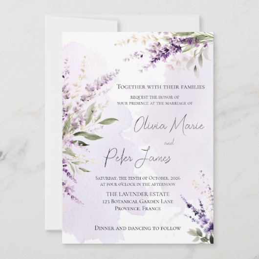Lavender Sage Green Watercolor Wedding Invitation 招待状 (正面)