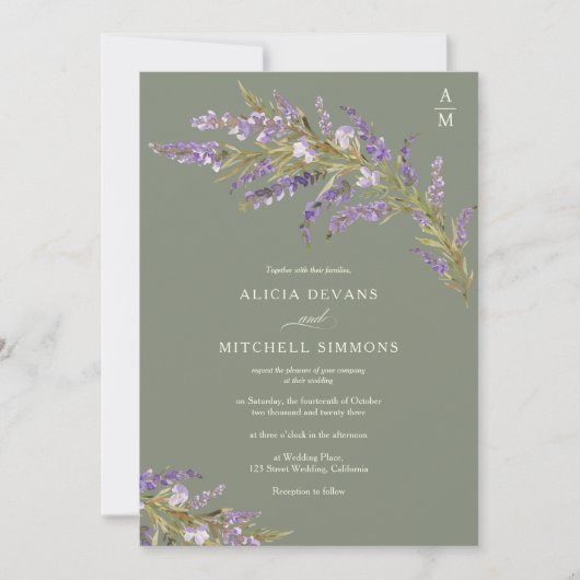 Lavender Sage Hand Painted Floral wedding  招待状 (正面)