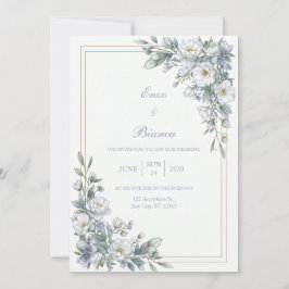 Lavender Sage White Floral Gold Frame Wedding 招待状