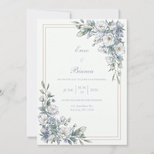 Lavender Sage White Floral Gold Frame Wedding 招待状 (正面)