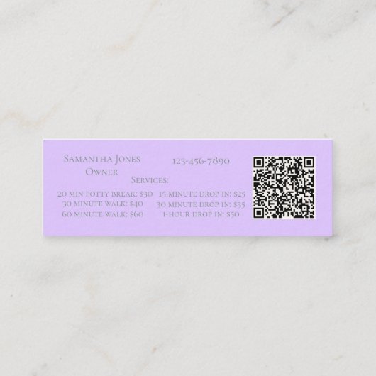 Lavender Script Business Card QR Code Service Menu スキニー名刺 (裏面)