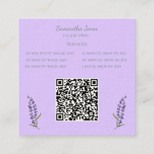 Lavender Script Business Card QR Code Service Menu スクエア名刺 (裏面)