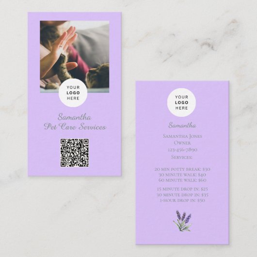 Lavender Script Business Card QR Code Service Menu 名刺 (正面/裏面)