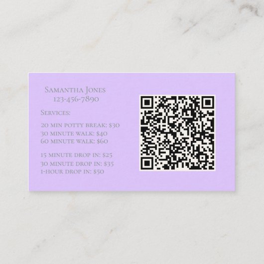 Lavender Script Business Card QR Code Service Menu 名刺 (裏面)