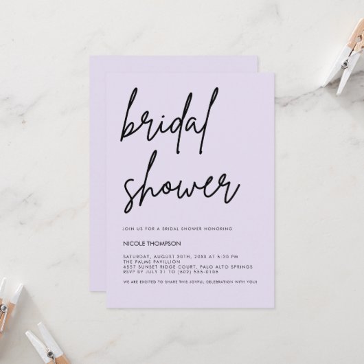 Lavender Script Modern Bridal Shower Invitation  招待状 (正面/裏面インサイチュ)