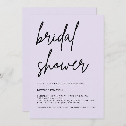 Lavender Script Modern Bridal Shower Invitation 招待状 (正面/裏面)