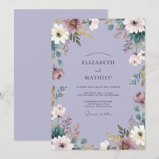 Lavender Serene Botanical Wedding 招待状 (正面/裏面)