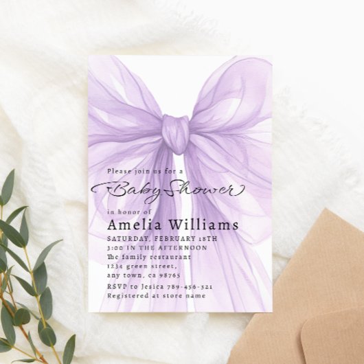 Lavender Sheer Bow Elegant Baby Shower 招待状