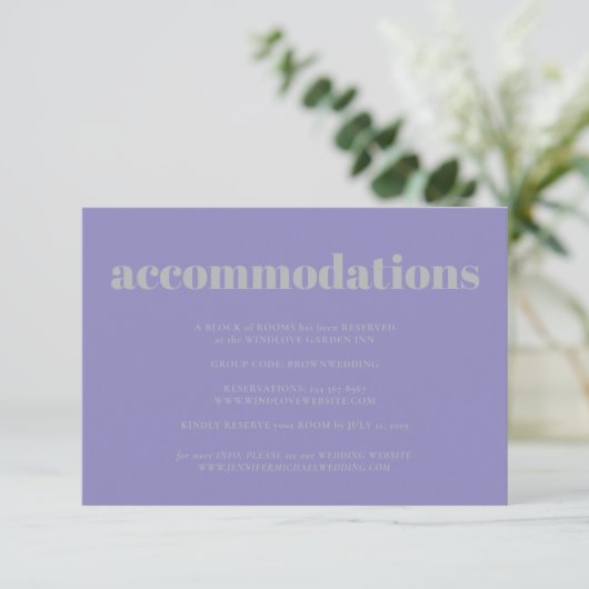 Lavender Silver Minimalist Wedding Accommodations エンクロージャーカード (スタンド正面)
