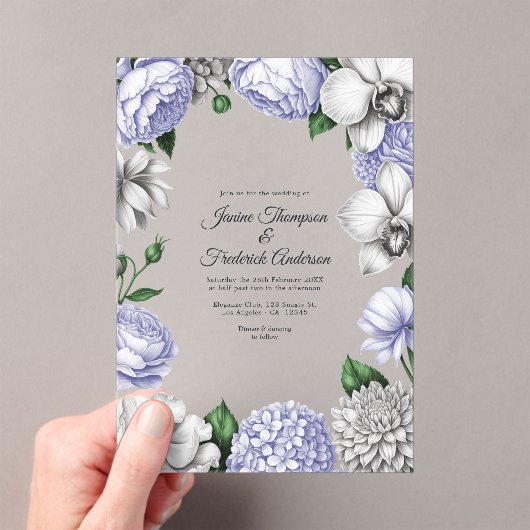 Lavender & Silver Modern Botanical Wedding アクリル招待状 (インサイチュ (ポータブル))