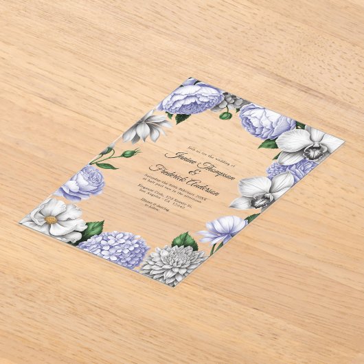 Lavender & Silver Modern Botanical Wedding アクリル招待状 (レイダウン)