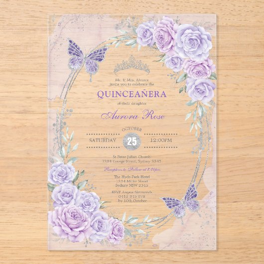 Lavender Silver Quinceanera Mis Quince 15 Anos アクリル招待状 (正面)
