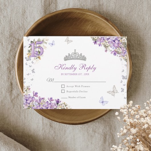 Lavender Silver Tiara Floral Butterfly Quinceañera 出欠カード