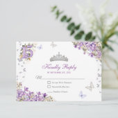 Lavender Silver Tiara Floral Butterfly Quinceañera 出欠カード (スタンド正面)