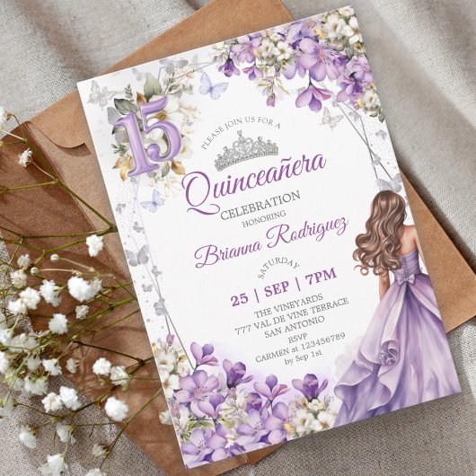 Lavender Silver Tiara Floral Quinceañera 招待状