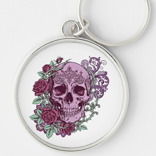 Lavender Skull With Roses Goth Design キーホルダー (正面)