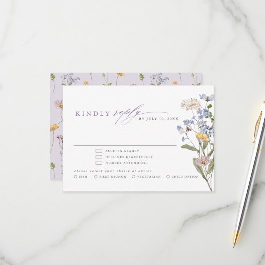 Lavender Spring Wildflower Meadow Garden Wedding 出欠カード (正面/裏面インサイチュ)