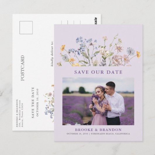 Lavender Spring Wildflower Meadow  Save the Date ポストカード (正面/裏面)