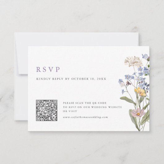 Lavender Spring Wildflower Meadow Wedding QR Code 出欠カード (正面)