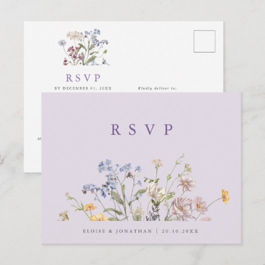 Lavender Spring Wildflower Meadow Wedding RSVP ポストカード (正面/裏面)