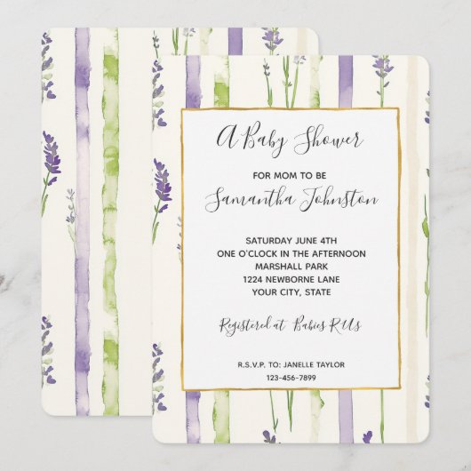 Lavender Stripes Floral Baby Shower 招待状 (正面/裏面)