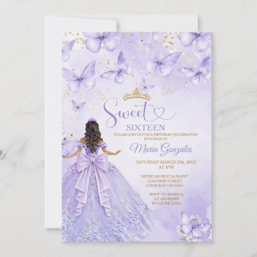 Lavender Sweet 16 Invitation with Butterflies 招待状 (正面)