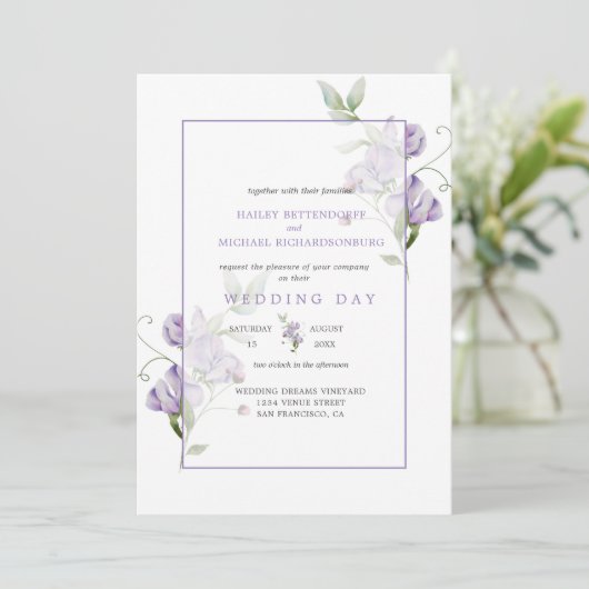 Lavender Sweet Peas Floral Wedding Invitation 招待状 (スタンド正面)