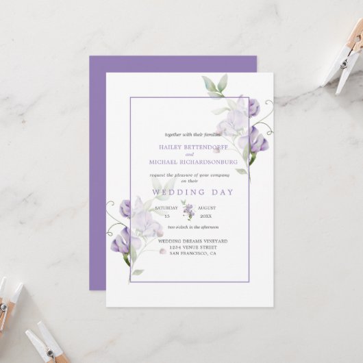 Lavender Sweet Peas Floral Wedding Invitation 招待状 (正面/裏面インサイチュ)