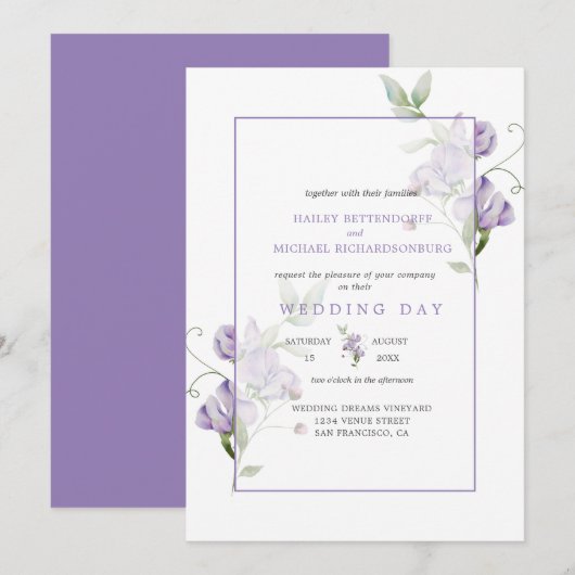 Lavender Sweet Peas Floral Wedding Invitation 招待状 (正面/裏面)