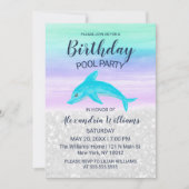 Lavender Teal White Glitter Dolphin Pool Birthday 招待状 (正面)