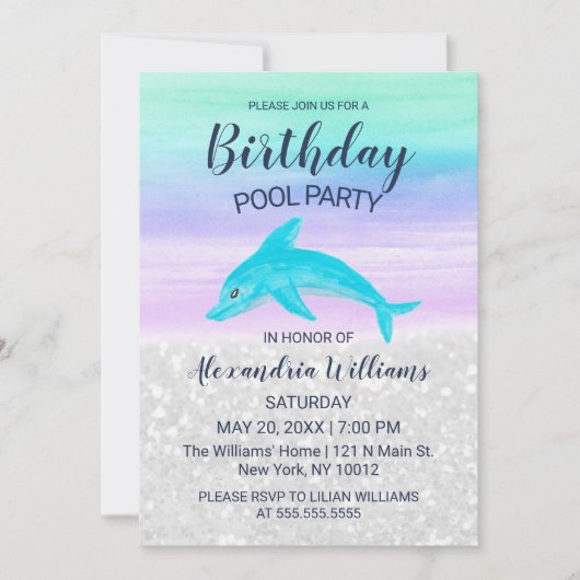 Lavender Teal White Glitter Dolphin Pool Birthday 招待状 (正面)