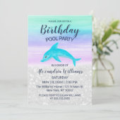 Lavender Teal White Glitter Dolphin Pool Birthday 招待状 (スタンド正面)