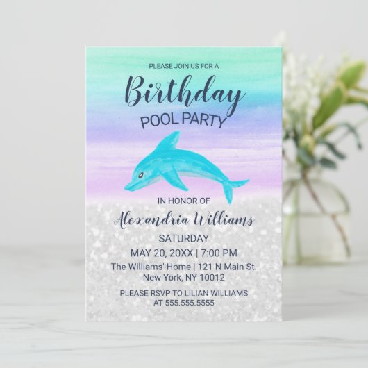 Lavender Teal White Glitter Dolphin Pool Birthday 招待状 (スタンド正面)