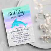 Lavender Teal White Glitter Dolphin Pool Birthday 招待状